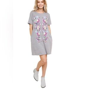 Umgee Heather Gray Embroidered T-Shirt Dress Sz M